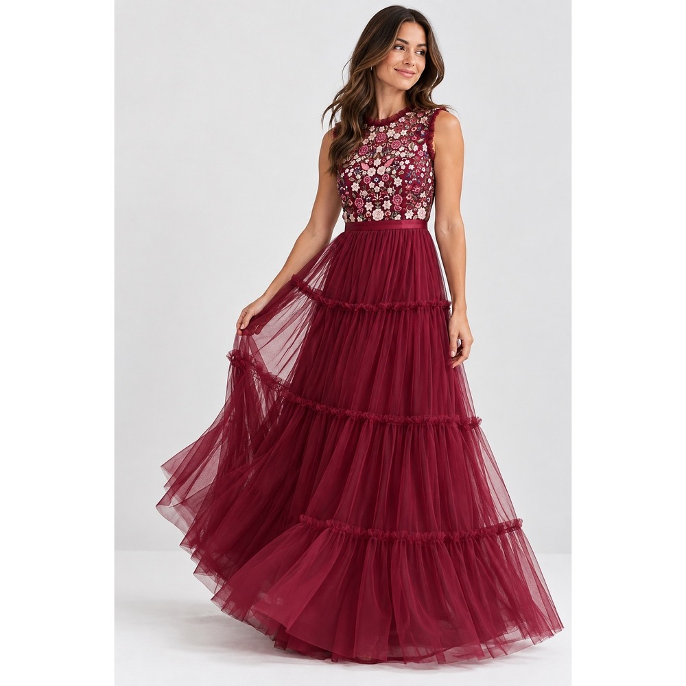 Needle & Thread Beatrix Gown Burgundy Floral Embroidered Tulle Maxi Dress US 10